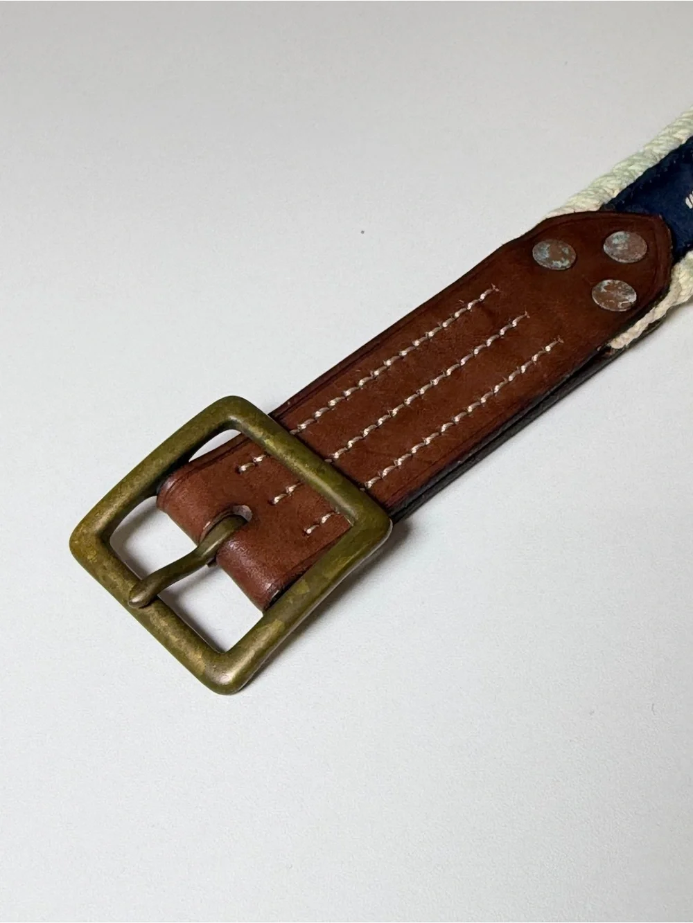 Polo Ralph Lauren 32W RARE Nautical Rope-Trim Leather Belt Preppy Canvas Trad